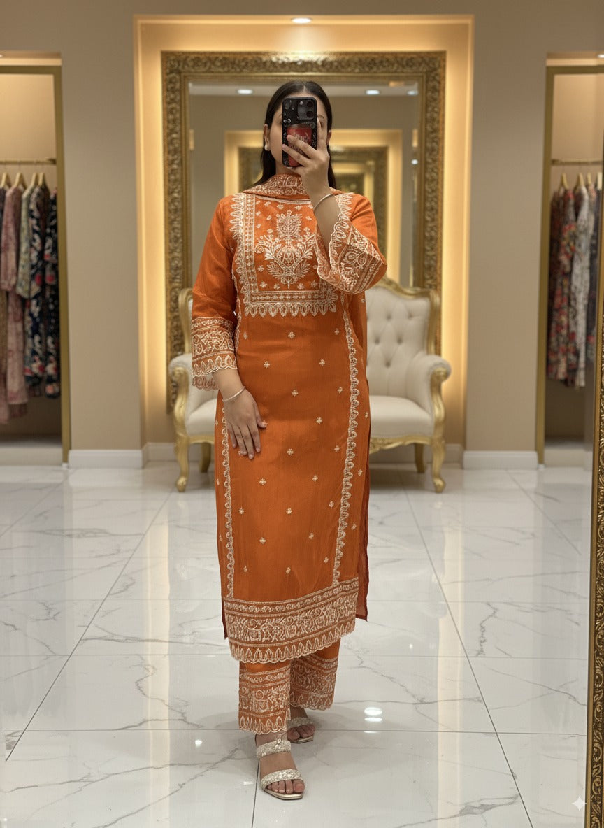 Rust Premium Pure Chinnon Embroidered Pakistani Suit with Designer Sleeves and Embroidered Plazo Along Side Full Pure Chinnon Embroidered Dupatta