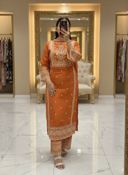 Rust Premium Pure Chinnon Embroidered Pakistani Suit with Designer Sleeves and Embroidered Plazo Along Side Full Pure Chinnon Embroidered Dupatta