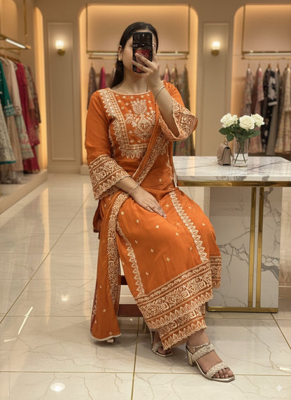Rust Premium Pure Chinnon Embroidered Pakistani Suit with Designer Sleeves and Embroidered Plazo Along Side Full Pure Chinnon Embroidered Dupatta