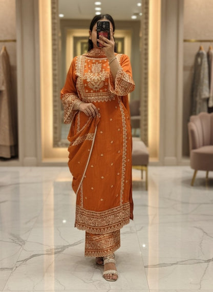 Rust Premium Pure Chinnon Embroidered Pakistani Suit with Designer Sleeves and Embroidered Plazo Along Side Full Pure Chinnon Embroidered Dupatta