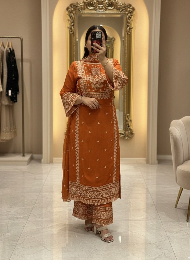 Rust Premium Pure Chinnon Embroidered Pakistani Suit with Designer Sleeves and Embroidered Plazo Along Side Full Pure Chinnon Embroidered Dupatta