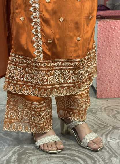 Rust Premium Pure Chinnon Embroidered Pakistani Suit with Designer Sleeves and Embroidered Plazo Along Side Full Pure Chinnon Embroidered Dupatta