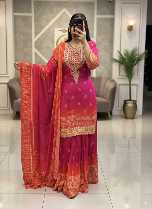 Pure Chinnon Kurti with Beautiful Neck Work with Full Flair Skirt and Full Chinnon Dupatta