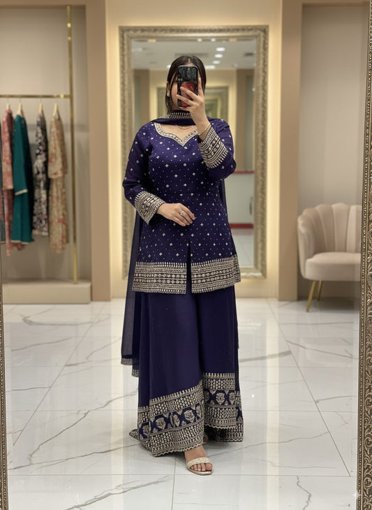 Embroidered Pure Raw Silk 3pc Dress with Lining & Embroidered Full Flared Divider with Designer Embroidered Sleeves and Full Pure Embroidered Dupatta