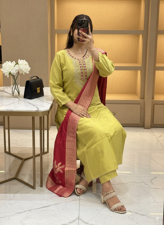 Silk Slub Suit with Machine Work in Neckline with Cotton Lining with Pant & Contrast Full Banarsi Dupatta