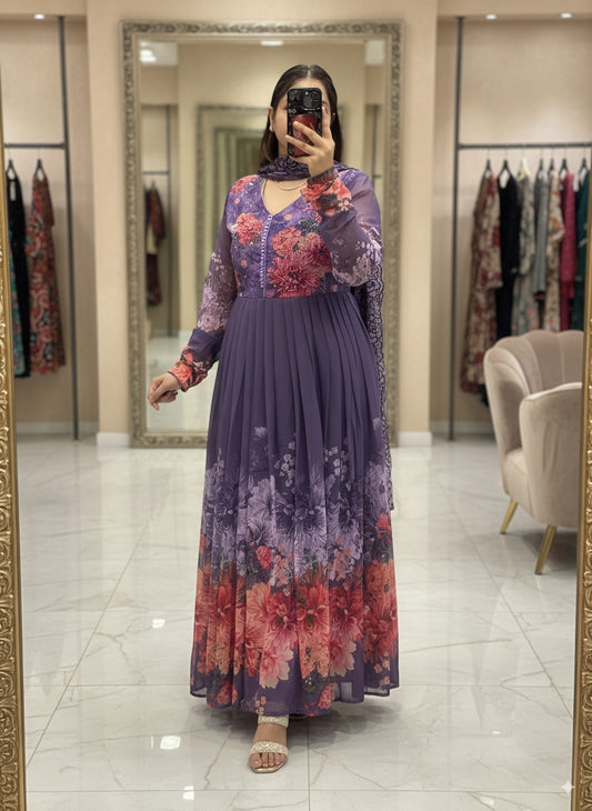 Dark Lavender Soft Chiffon Floral Print Full Flair Anarkali Suit with Hand Embroidery Work on Neck & Embroidered Organza Dupatta