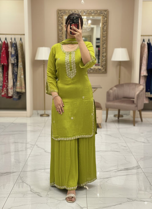 Pure Chinnon Embroidered Short Kurti Dress with Lining & Embroidered Full Flared Divider with Full Embroidered Dupatta