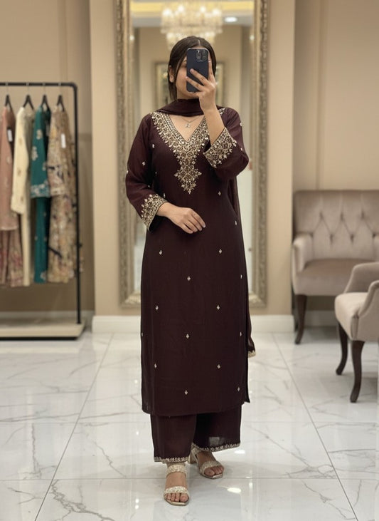 Pakistani V Neck Coffee Embroidered Suit in Silk with Lining and Embroidered Plazo and full Dupatta