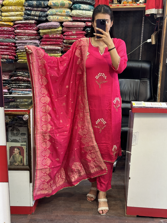 Pure chinnon handwork kurta pant suit with lining and full Banarasi dupatta