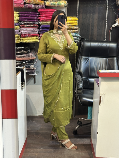 V Neck Mehndi Pure Chinnon handwork kurta pant suit with lining and designer Chokk dupatta