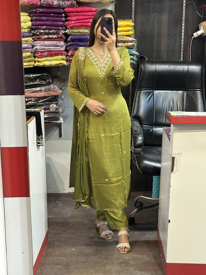 V Neck Mehndi Pure Chinnon handwork kurta pant suit with lining and designer Chokk dupatta