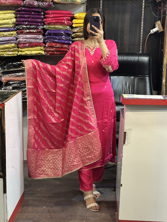 Hot Pink Pure Chinnon handwork designer sleeves kurta pant suit with lining and full Banarasi dupatta