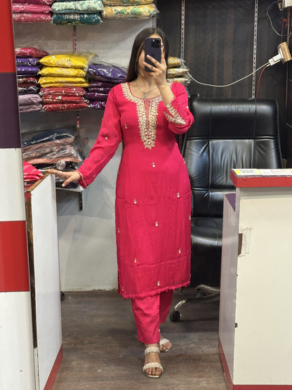 Pure Chinnon handwork designer sleeves kurta pant suit with lining and full Banarasi dupatta