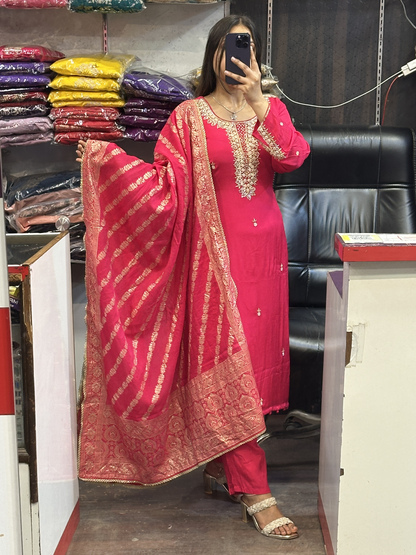 Pure Chinnon handwork designer sleeves kurta pant suit with lining and full Banarasi dupatta
