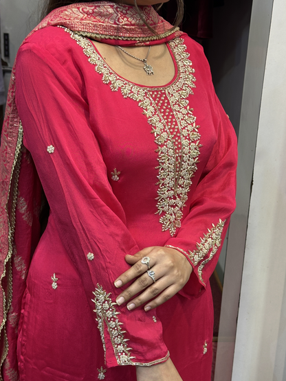 Pure Chinnon handwork designer sleeves kurta pant suit with lining and full Banarasi dupatta