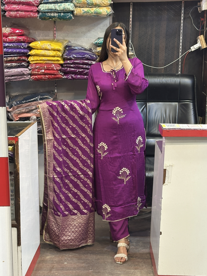 Purple Pure Chinnon handwork kurta pant suit with lining and full Banarasi dupatta