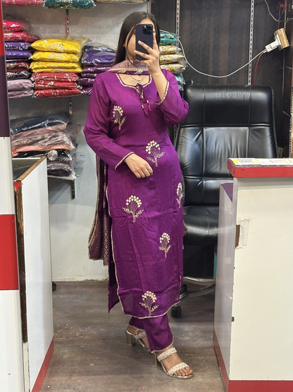 Purple Pure Chinnon handwork kurta pant suit with lining and full Banarasi dupatta