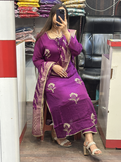Purple Pure Chinnon handwork kurta pant suit with lining and full Banarasi dupatta