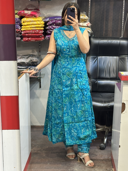 Chinnon Embroidered Printed Anarkali dress 3pc with Afghani salwar and dupatta