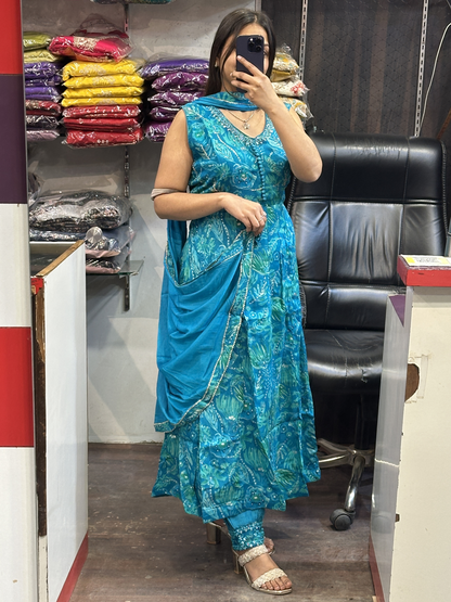 Chinnon Embroidered Printed Anarkali dress 3pc with Afghani salwar and dupatta