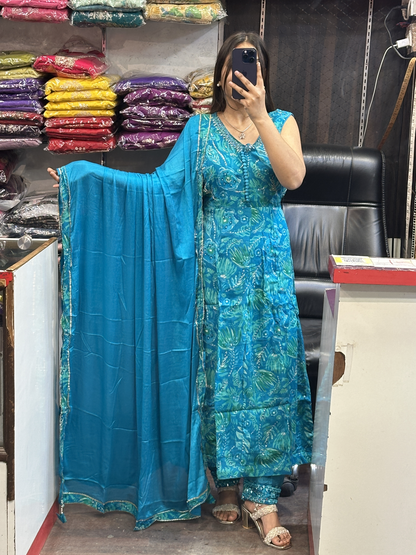 Chinnon Embroidered Printed Anarkali dress 3pc with Afghani salwar and dupatta