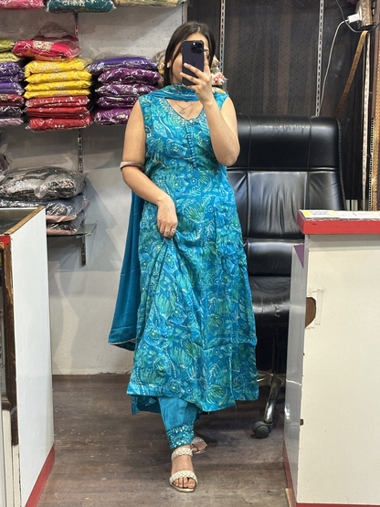 Chinnon Embroidered Printed Anarkali dress 3pc with Afghani salwar and dupatta