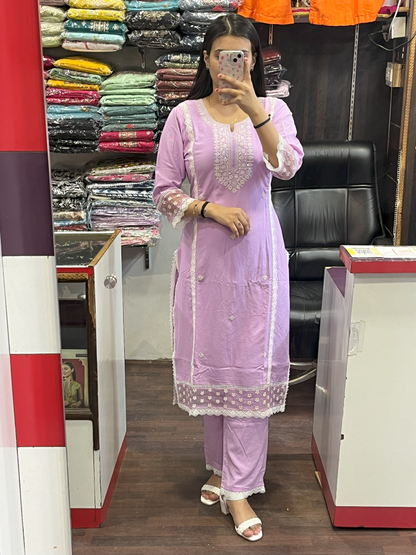 Ryon Cotton Embroiderd  Lavender Pant Suit With Chiffon Dupatta