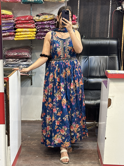 Printed Chinnon 3pc Mirror work  Strap Anarkali Dress with Afghani Salwar & Detachable Mirror Work Belt Alongside Full Chinnon Dupatta( Full Sleeves attached inside)