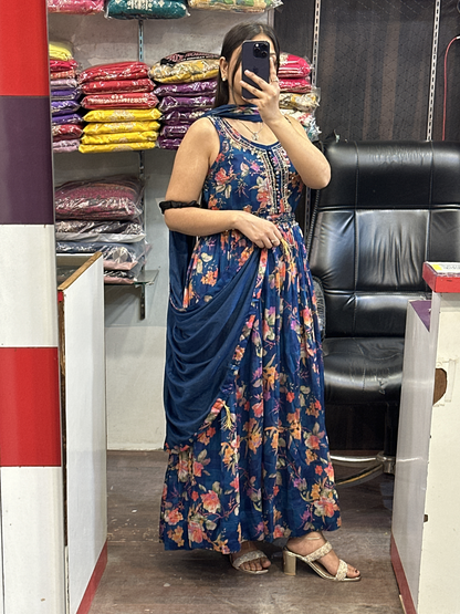 Printed Chinnon 3pc Mirror work  Strap Anarkali Dress with Afghani Salwar & Detachable Mirror Work Belt Alongside Full Chinnon Dupatta( Full Sleeves attached inside)