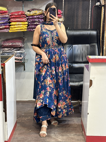 Printed Chinnon 3pc Mirror work  Strap Anarkali Dress with Afghani Salwar & Detachable Mirror Work Belt Alongside Full Chinnon Dupatta( Full Sleeves attached inside)