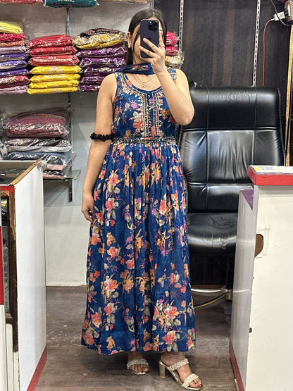 Printed Chinnon 3pc Mirror work  Strap Anarkali Dress with Afghani Salwar & Detachable Mirror Work Belt Alongside Full Chinnon Dupatta( Full Sleeves attached inside)