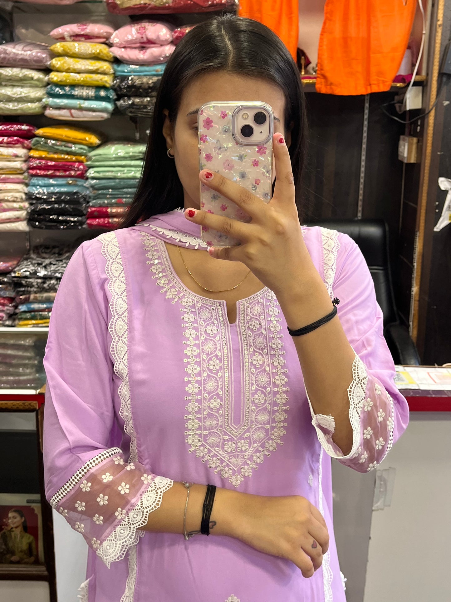 Ryon Cotton Embroiderd  Lavender Pant Suit With Chiffon Dupatta