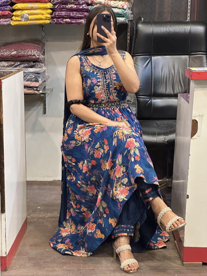 Printed Chinnon 3pc Mirror work  Strap Anarkali Dress with Afghani Salwar & Detachable Mirror Work Belt Alongside Full Chinnon Dupatta( Full Sleeves attached inside)