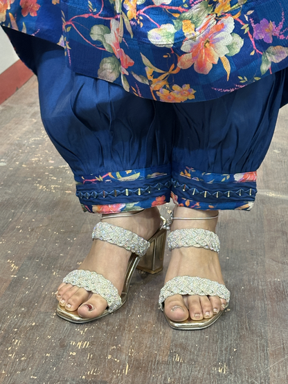Printed Chinnon 3pc Mirror work  Strap Anarkali Dress with Afghani Salwar & Detachable Mirror Work Belt Alongside Full Chinnon Dupatta( Full Sleeves attached inside)