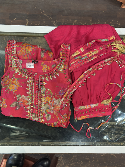 Printed Chinnon 3pc Mirror work Strap Anarkali Dress with Afghani Salwar & Detachable Mirror Work Belt Alongside Full Chinnon Dupatta( Full Sleeves attached inside)