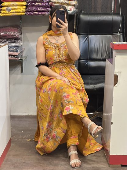 Printed Chinnon 3pc Mirror work Strap Anarkali Dress with Afghani Salwar & Detachable Mirror Work Belt Alongside Full Chinnon Dupatta( Full Sleeves attached inside)