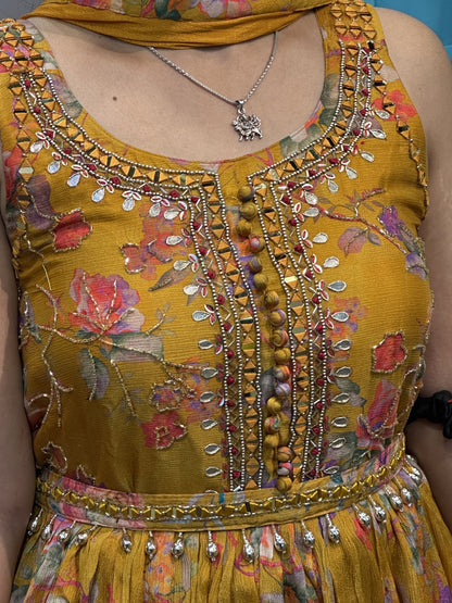 Printed Chinnon 3pc Mirror work Strap Anarkali Dress with Afghani Salwar & Detachable Mirror Work Belt Alongside Full Chinnon Dupatta( Full Sleeves attached inside)