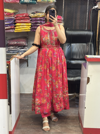 Printed Chinnon 3pc Mirror work Strap Anarkali Dress with Afghani Salwar & Detachable Mirror Work Belt Alongside Full Chinnon Dupatta( Full Sleeves attached inside)