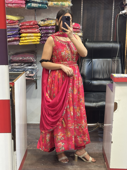 Printed Chinnon 3pc Mirror work Strap Anarkali Dress with Afghani Salwar & Detachable Mirror Work Belt Alongside Full Chinnon Dupatta( Full Sleeves attached inside)