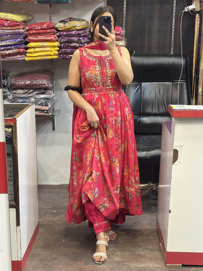 Printed Chinnon 3pc Mirror work Strap Anarkali Dress with Afghani Salwar & Detachable Mirror Work Belt Alongside Full Chinnon Dupatta( Full Sleeves attached inside)