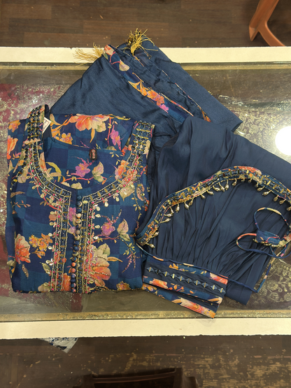 Printed Chinnon 3pc Mirror work  Strap Anarkali Dress with Afghani Salwar & Detachable Mirror Work Belt Alongside Full Chinnon Dupatta( Full Sleeves attached inside)