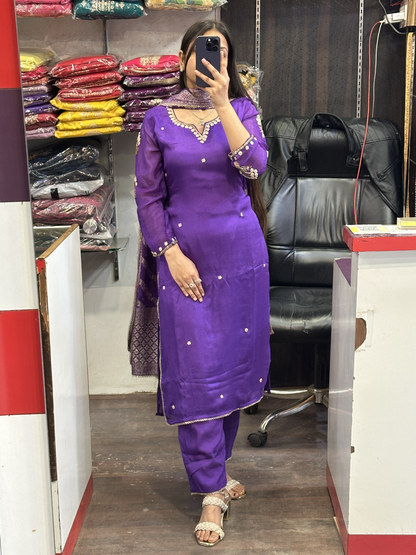 Purple Pure Chinnon handwork designer sleeves kurta pant suit with lining and full Banarasi dupatta