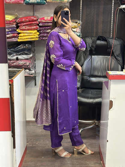 Purple Pure Chinnon handwork designer sleeves kurta pant suit with lining and full Banarasi dupatta