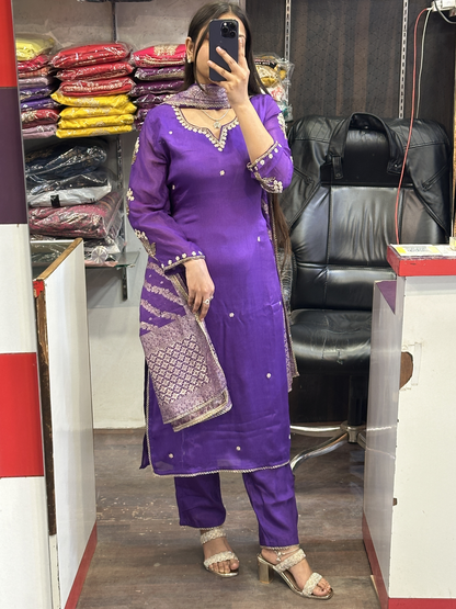 Purple Pure Chinnon handwork designer sleeves kurta pant suit with lining and full Banarasi dupatta