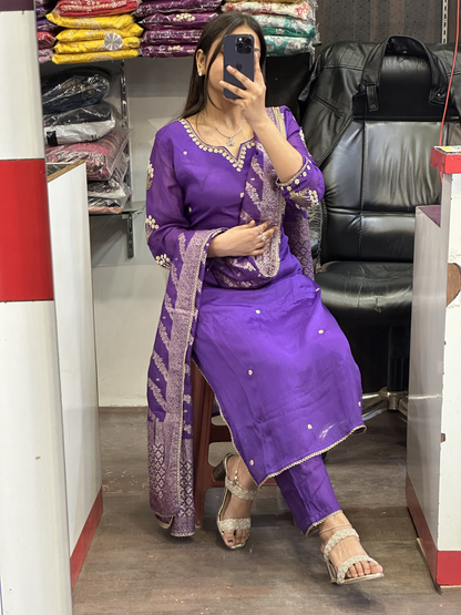 Purple Pure Chinnon handwork designer sleeves kurta pant suit with lining and full Banarasi dupatta
