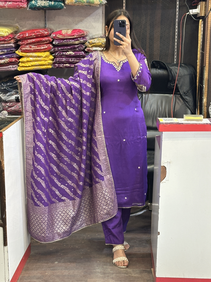Purple Pure Chinnon handwork designer sleeves kurta pant suit with lining and full Banarasi dupatta