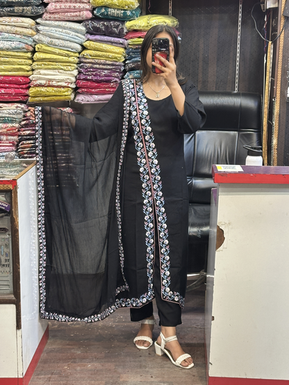 Black A Line Black Ryon Cotton Hand Embroidered Dress with Four sided border Pure Dupatta