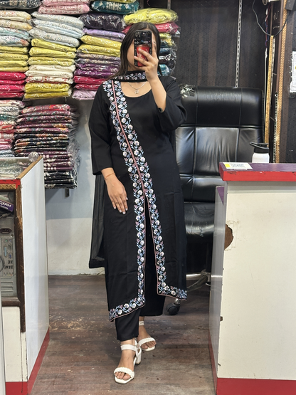 Black A Line Black Ryon Cotton Hand Embroidered Dress with Four sided border Pure Dupatta