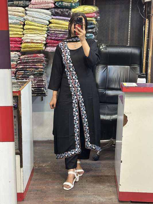 Black A Line Black Ryon Cotton Hand Embroidered Dress with Four sided border Pure Dupatta