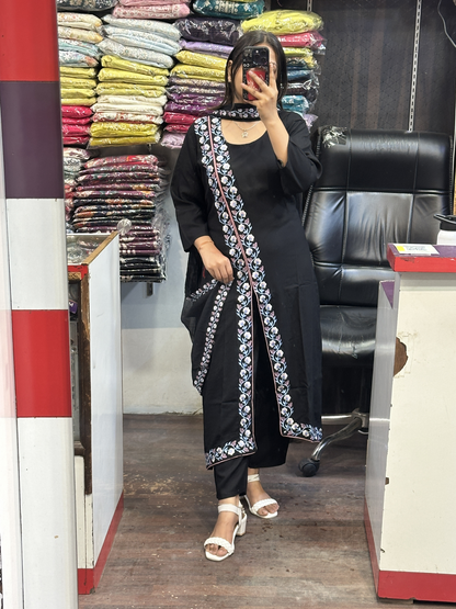 Black A Line Black Ryon Cotton Hand Embroidered Dress with Four sided border Pure Dupatta